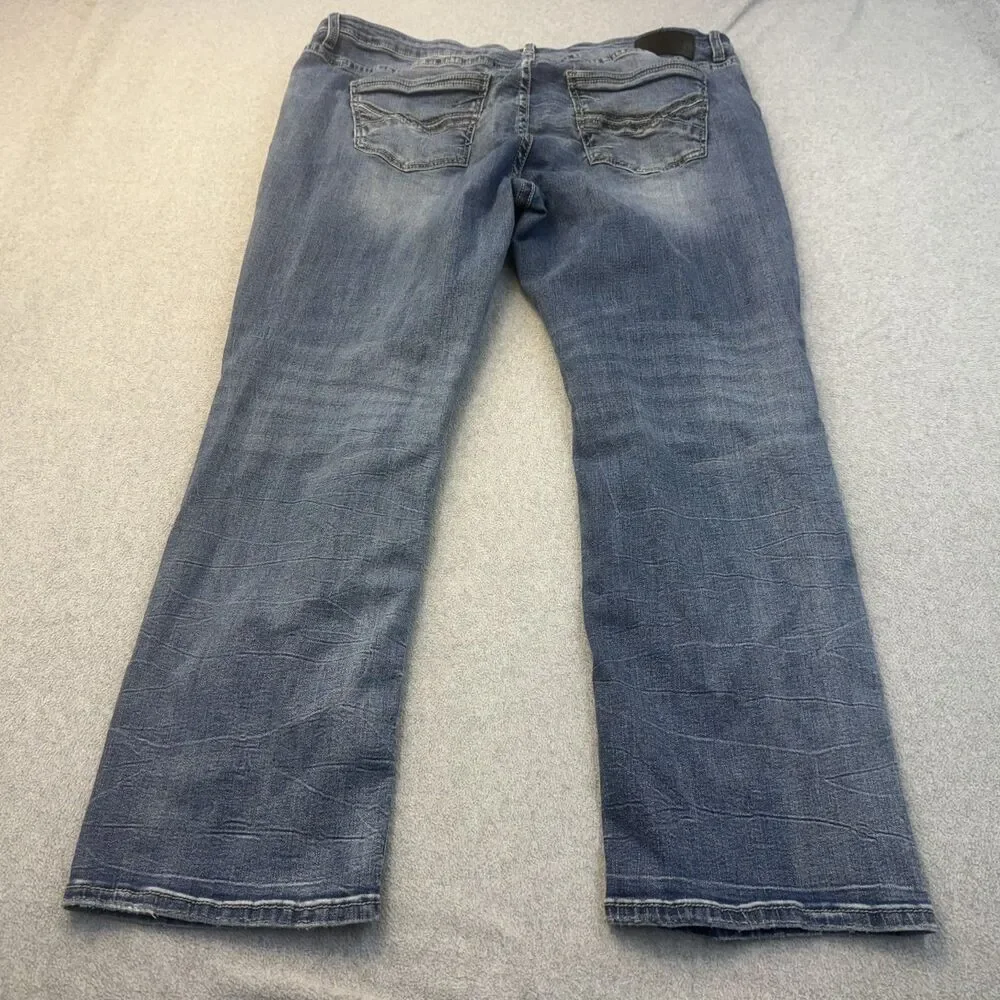 BKE Jeans Men's 42x32 Blue Straight Leg Whiskered Distressed Bootcut Relaxed